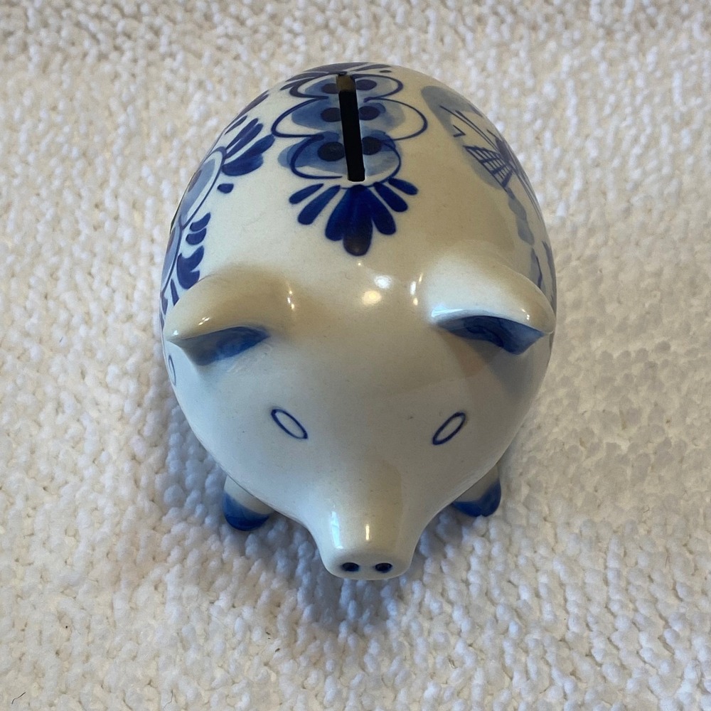 Delfts Blue Hand Painted Ceramic Piggy Bank Windmill Scene Holland Collectible
